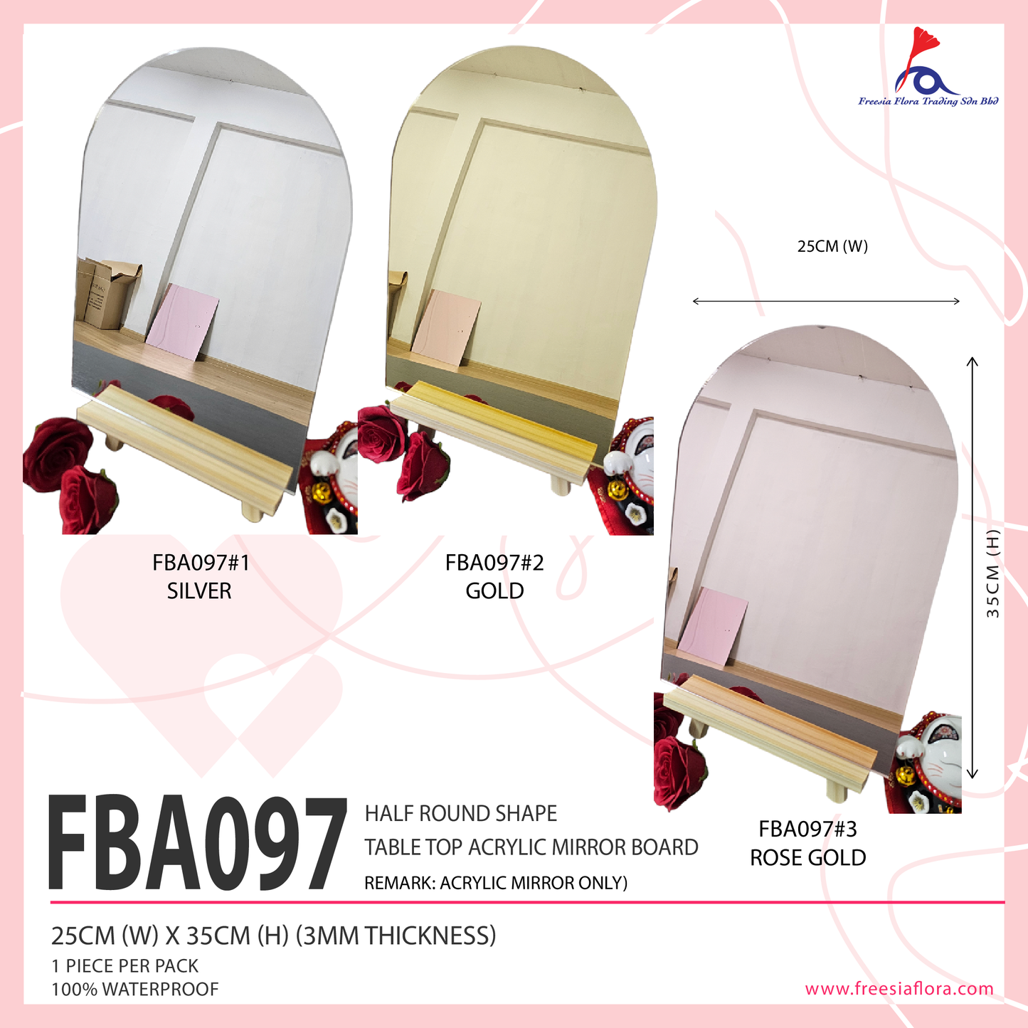 FBA097 Half Round Shape Table Top Acrylic Mirror Board (25cm (w) x 35cm (H) x 3mm (Thickness) (Not included Stand)