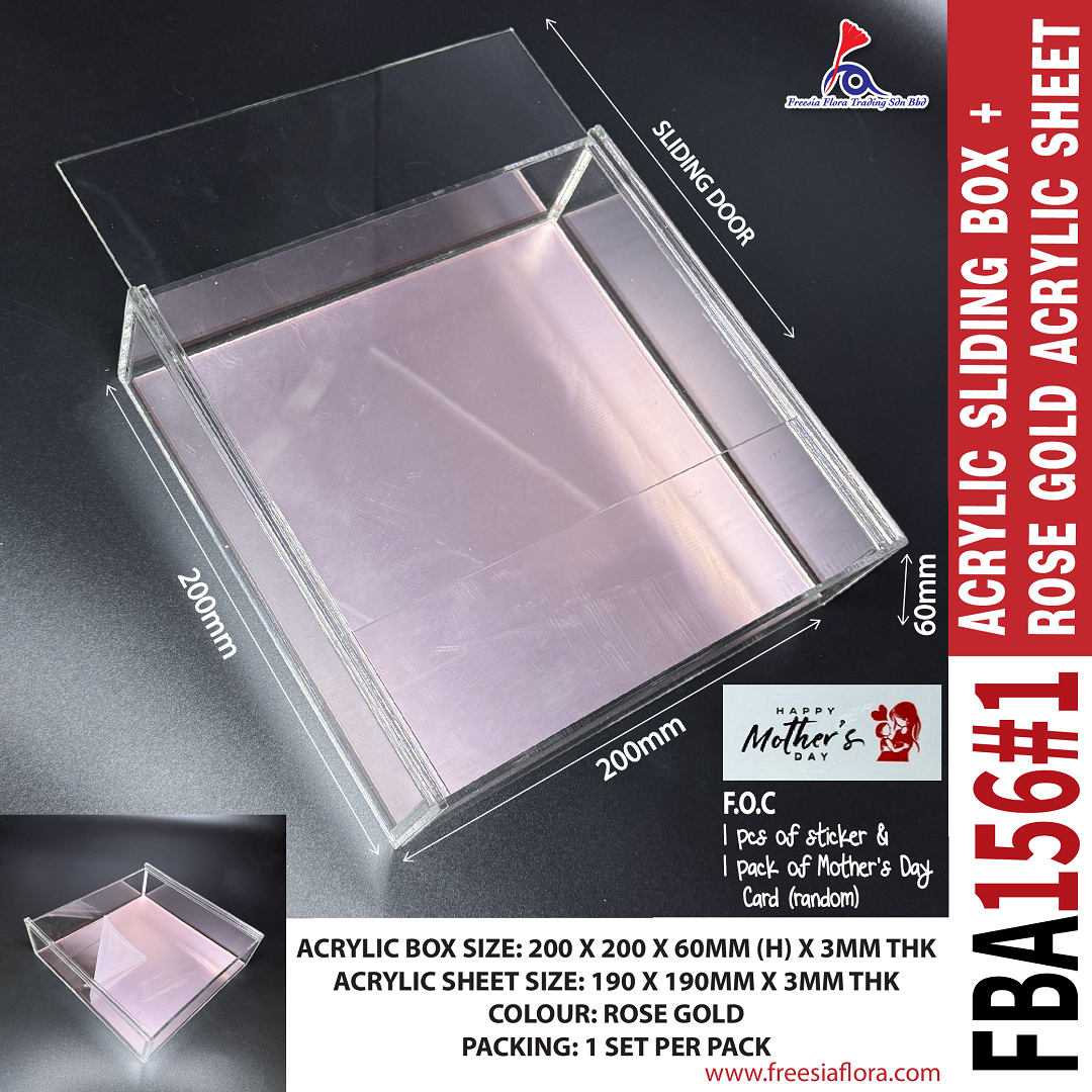 FBA156#1 FREESIA Premium Clear Acrylic Sliding Box + Rose Gold Acrylic Sheet (200x200x60mm)