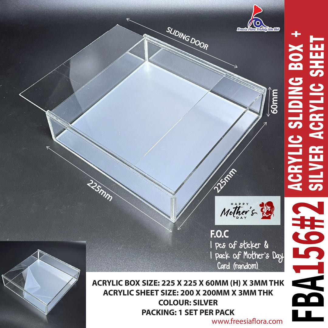 FBA156#2 FREESIA Premium Clear Acrylic Sliding Box + Silver Acrylic Sheet (225x225x60mm)